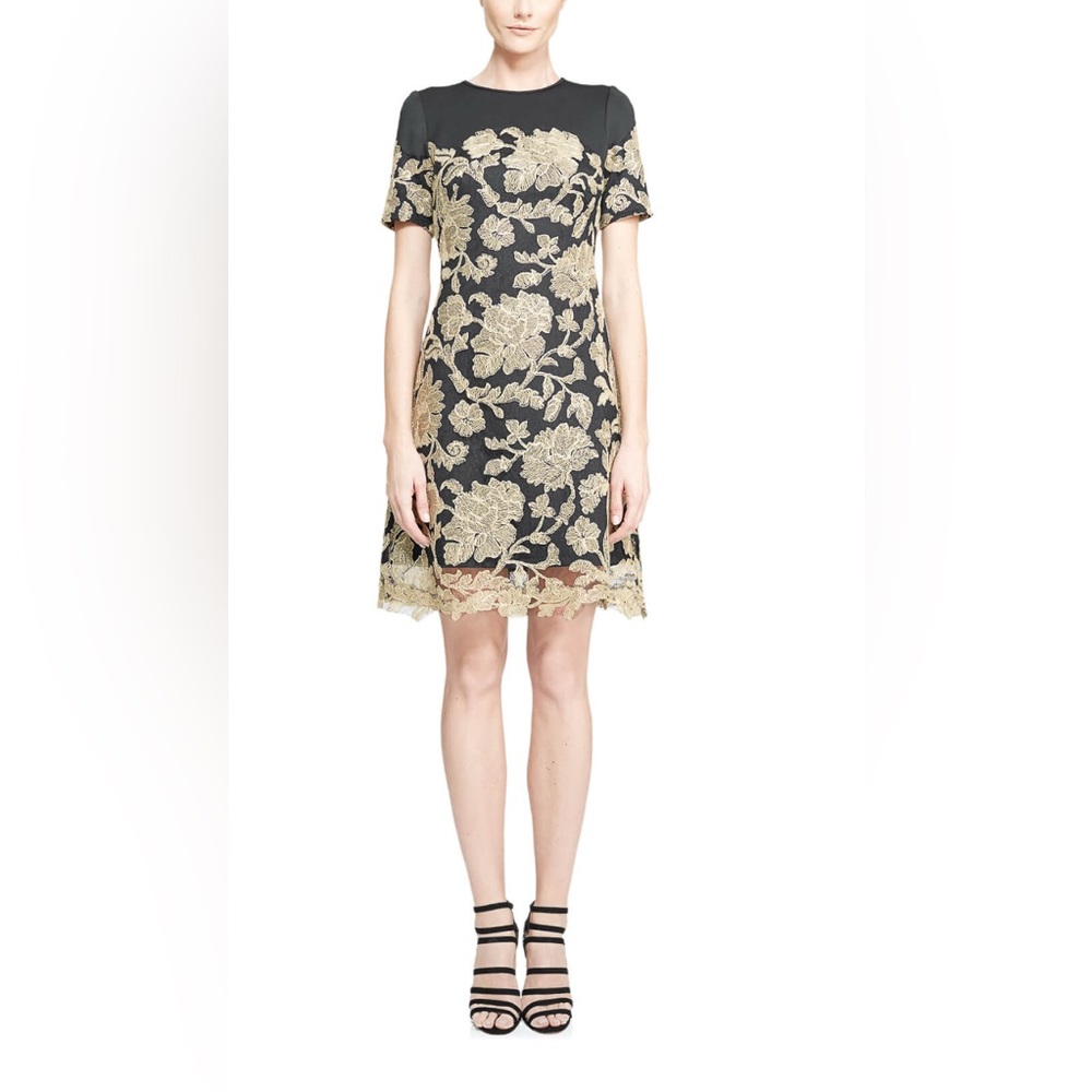 Tadashi Shoji Sabi Dress Black Gold Embroided Sheath Dress EUC 2